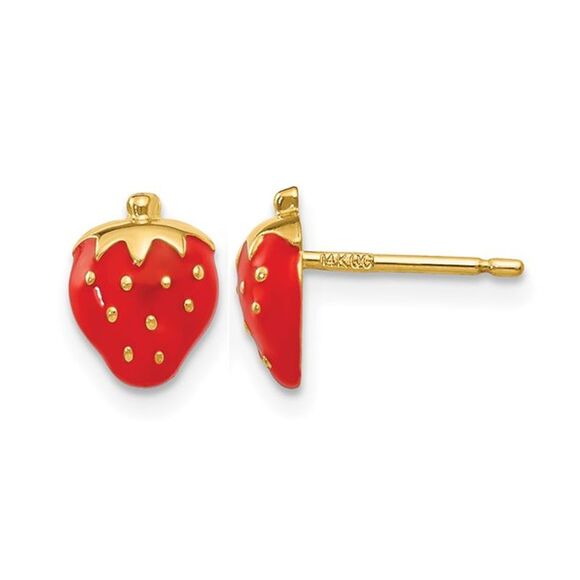 14K Yellow Gold Enamel Strawberry Post Earrings